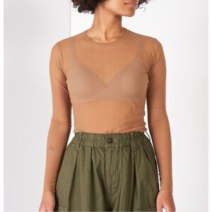 PRISCAVera Skin Mesh Top - Brown Beige Long Sleeve Sheer Mesh Top sz S